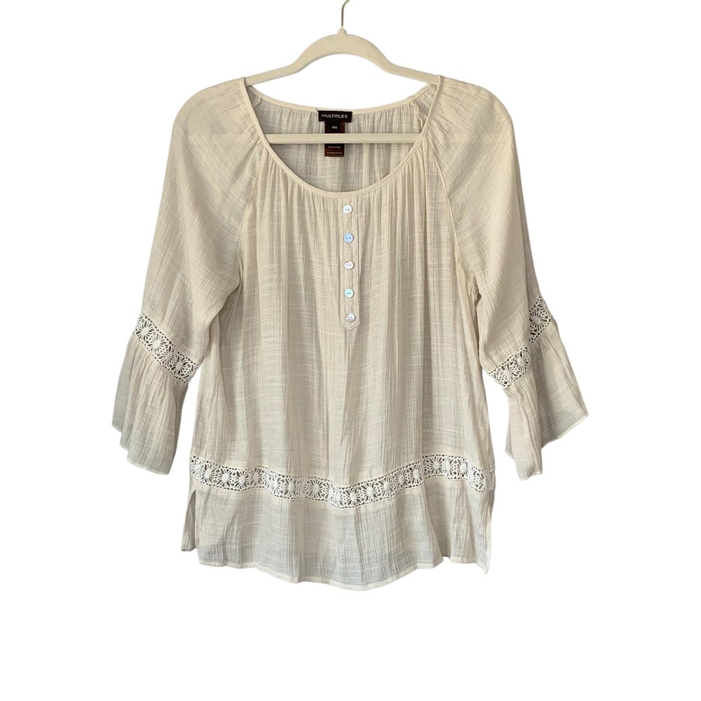 Multiples creme rayon blend boho blouse bell sleeve inlay‎ crochet lace. Size Mp